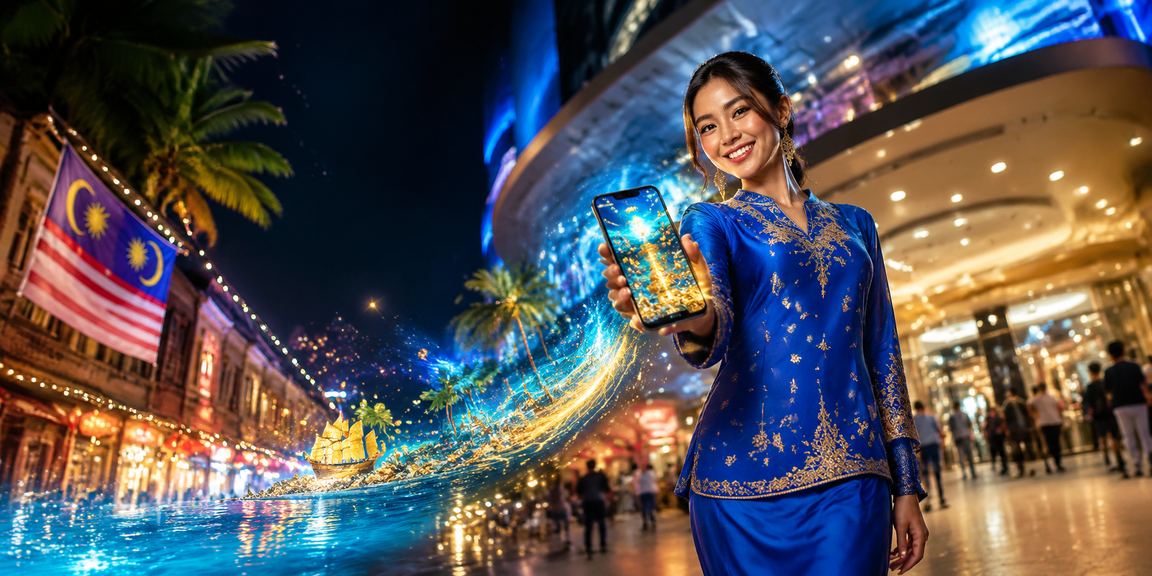 Pengguna wanita berbaju kurung di Melaka menggunakan aplikasi kasino jackpot pada telefon pintarnya